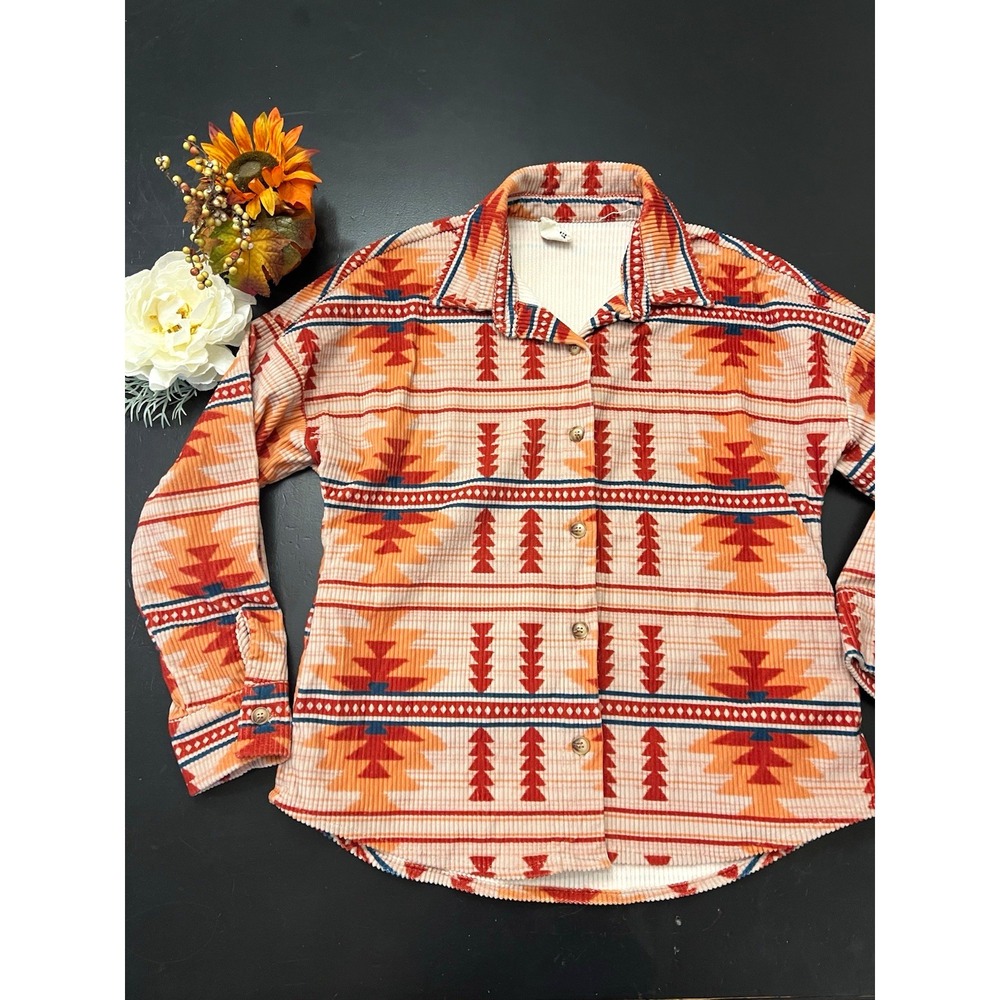 Savanna Jane Orange Red Western Aztec Corduroy Button Up Shacket Shirt Sz S Fall